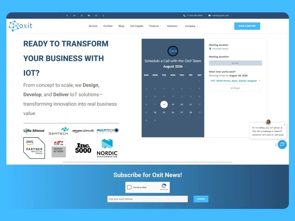 Oxit booking section with LoRa Alliance, Amazon Sidewalk, AWS, and semiconductor partner badges