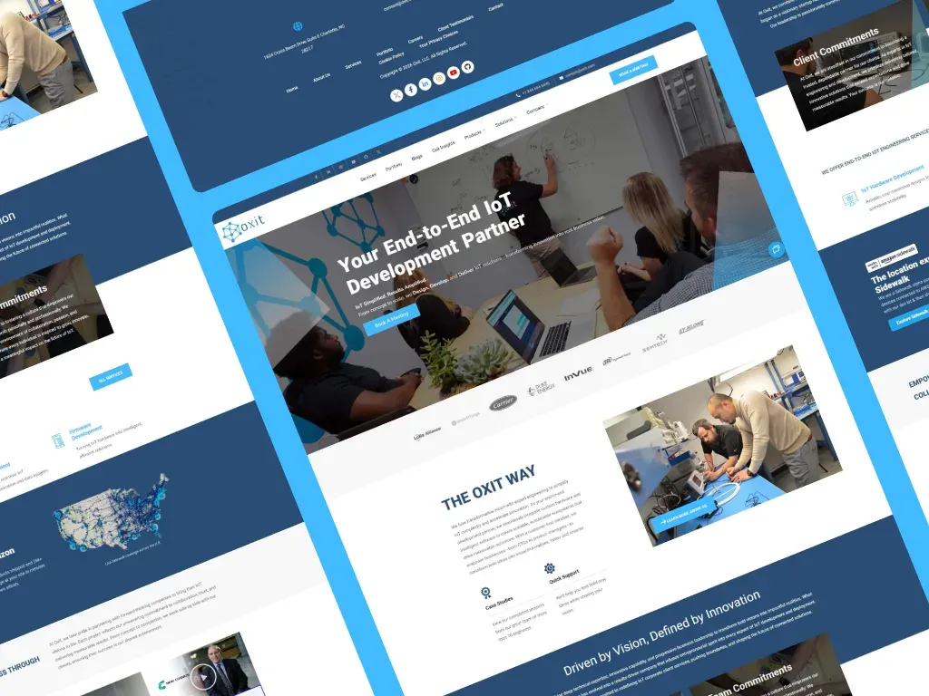 Collage of Oxit site pages covering services, client commitments, and Sidewalk coverage