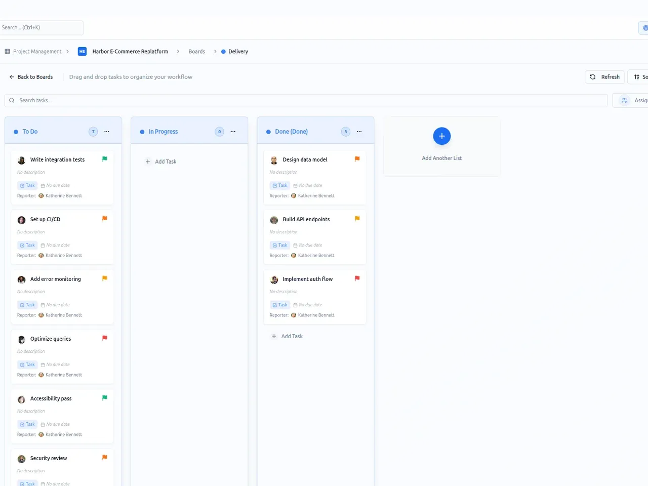 PeopleMuster Kanban board for a demo project with To Do, In Progress and Done columns of task cards.