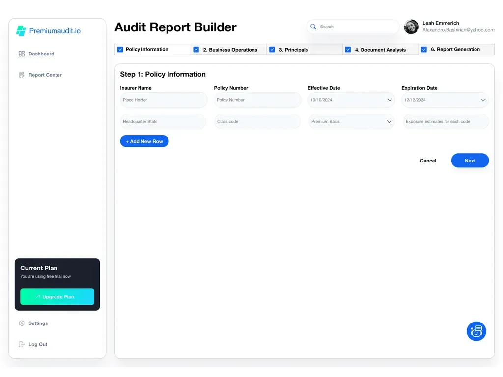 PremiumAudit.io audit report builder — step 1, policy information