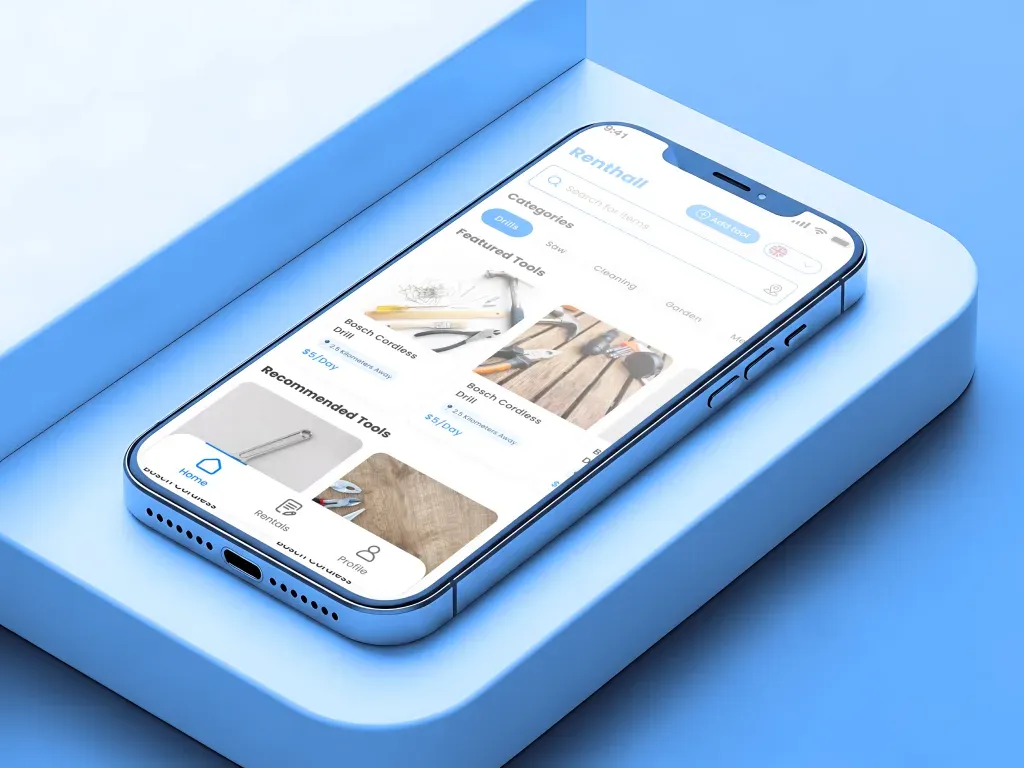 Renthall web pages: the marketplace landing page and the available-items listing with search and filters