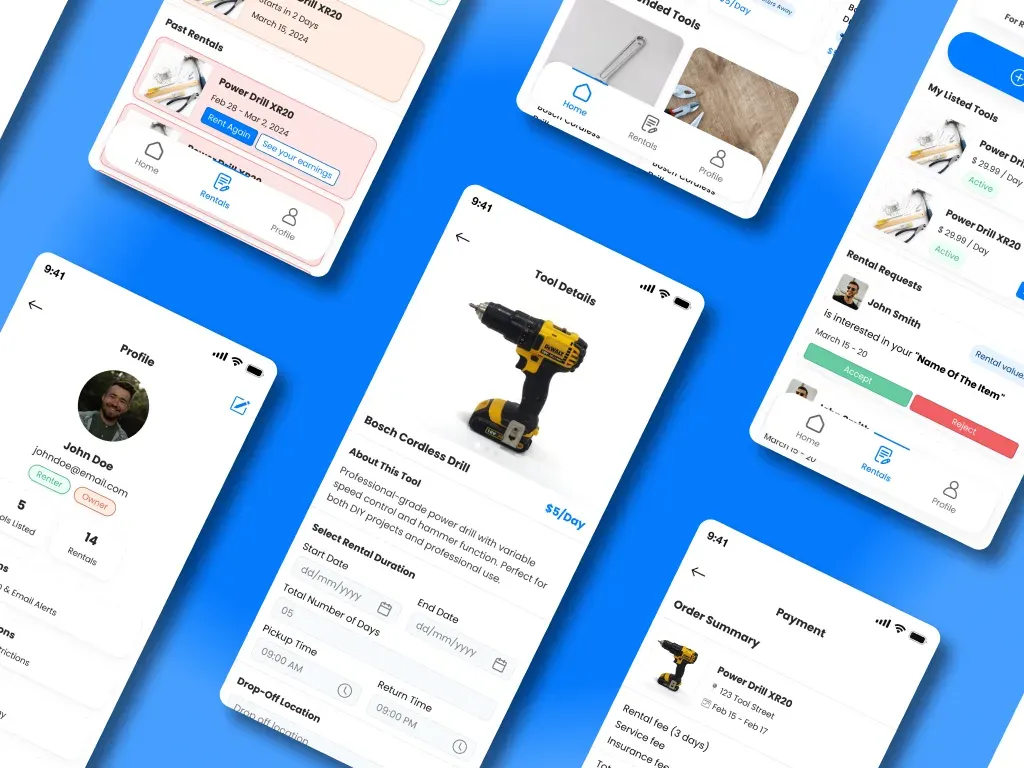 Three Renthall app screens: browsing tools, a tool detail page with rental dates, and rental management for owners