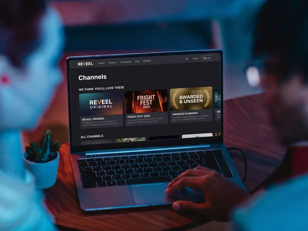 Reveel channels page with curated collections such as Fright Fest and Awarded and Unseen