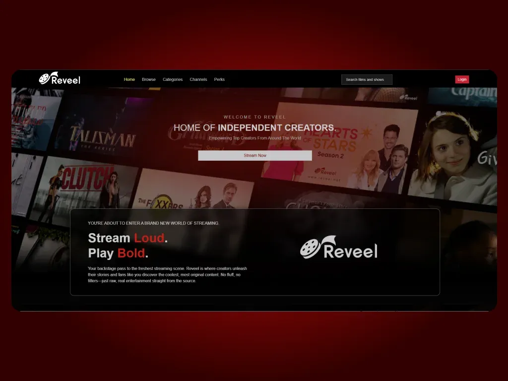 Reveel homepage introducing the creator-first streaming service