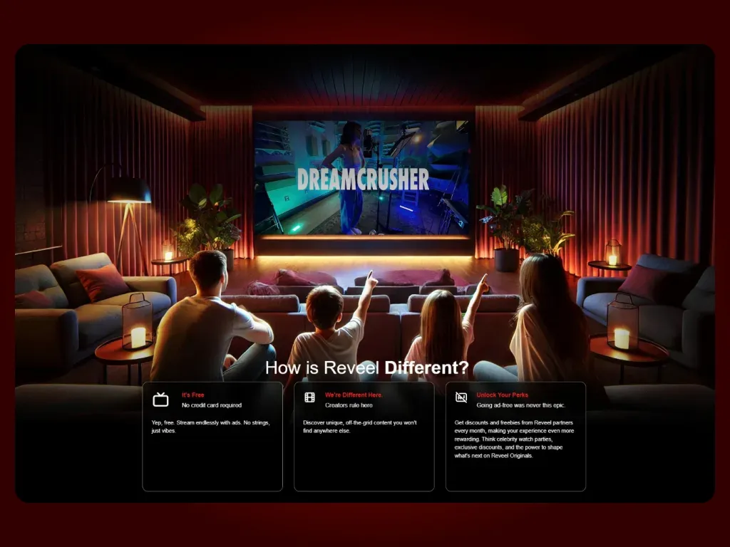 Reveel page explaining free ad-supported viewing, creator submissions, and member perks