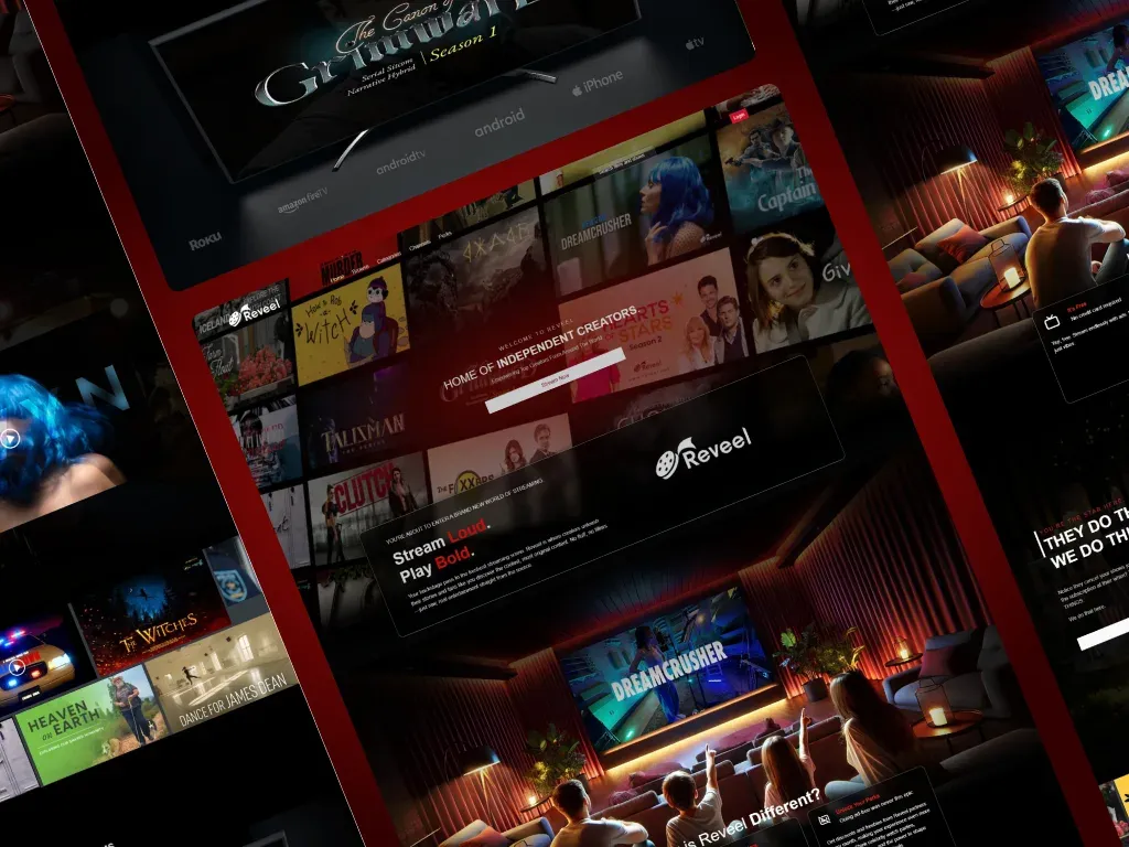 Collage of Reveel screens across web, mobile, and connected-TV devices