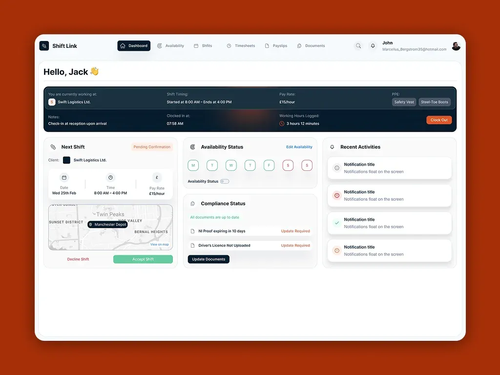 Shift Link worker dashboard with next shift, availability and compliance status