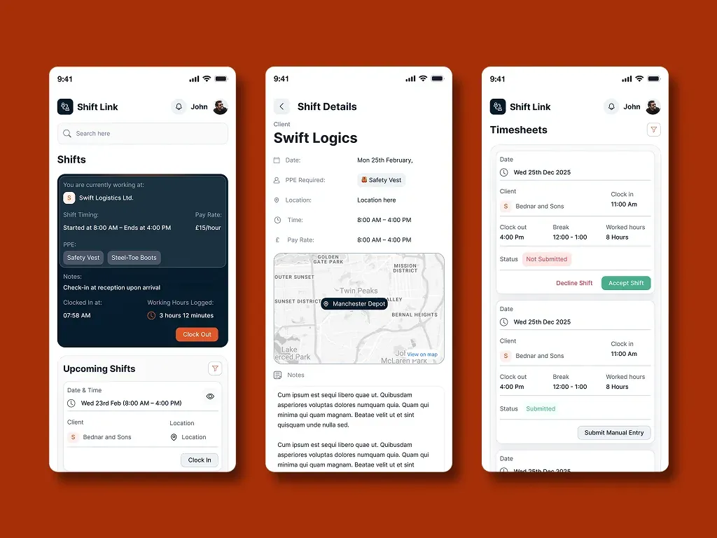 Shift Link mobile app — shifts, shift details and timesheets