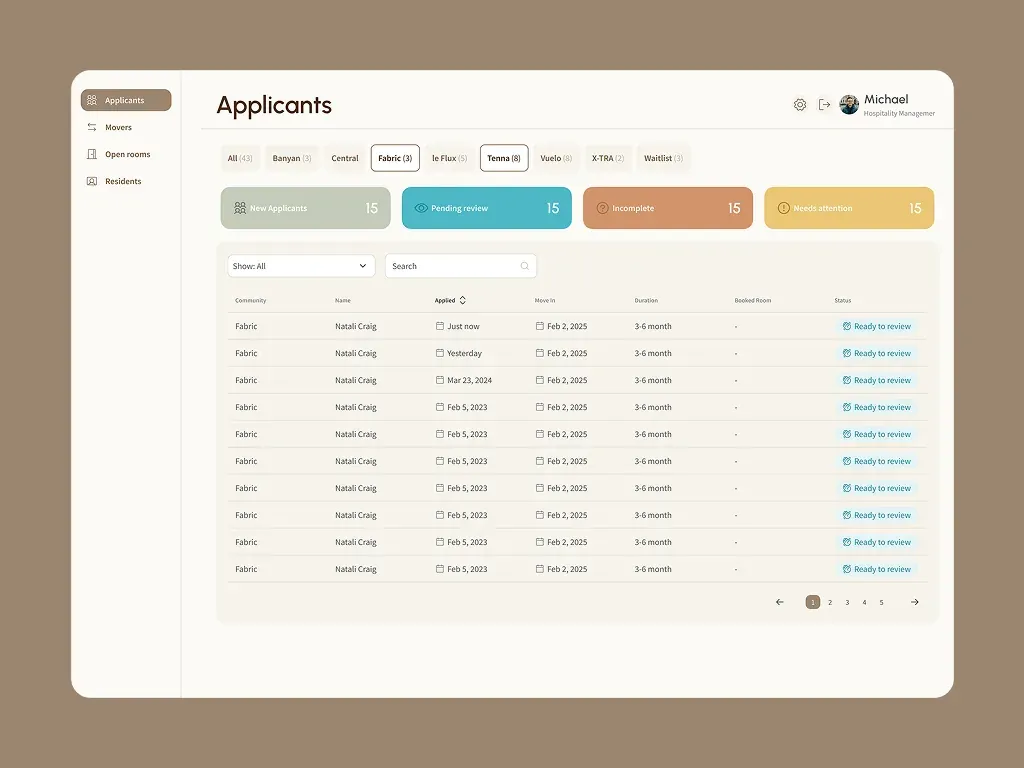 TomoDomo applicant pipeline with review and attention queues