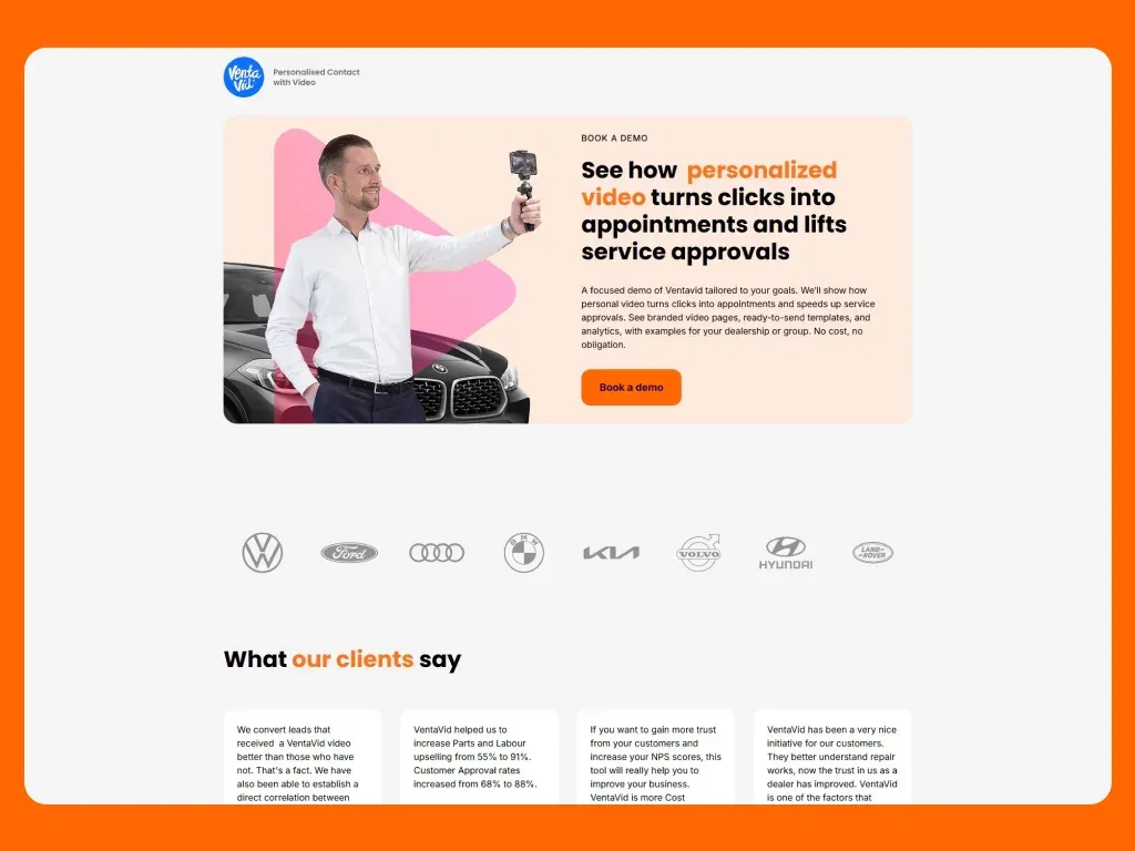 VentaVid client quotes from dealer groups alongside manufacturer logos
