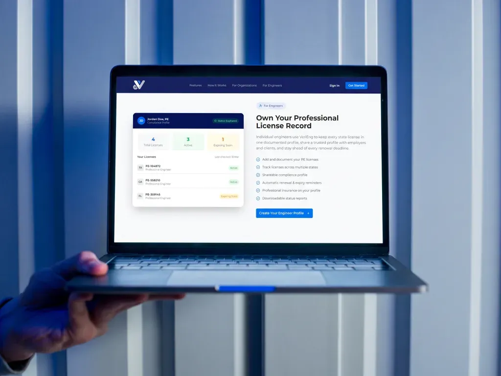 VeriEng engineer profile tracking licenses across Texas, Georgia, and Florida