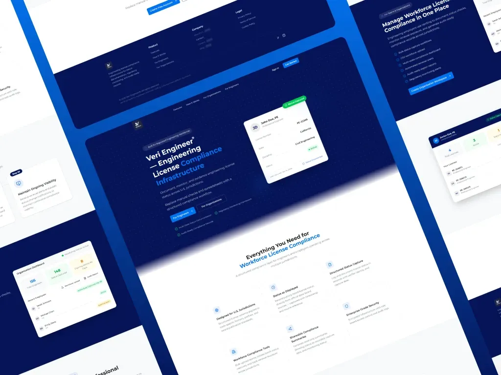 Collage of VeriEng pages for engineers and organizations