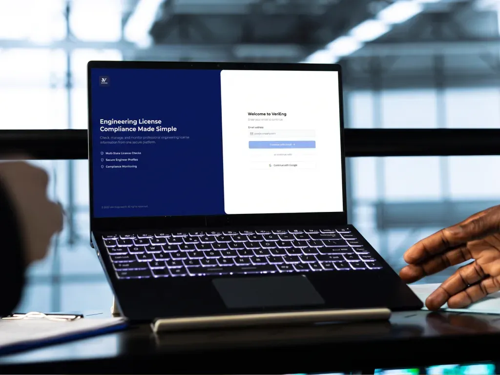 VeriEng log-in screen beside the compliance value proposition