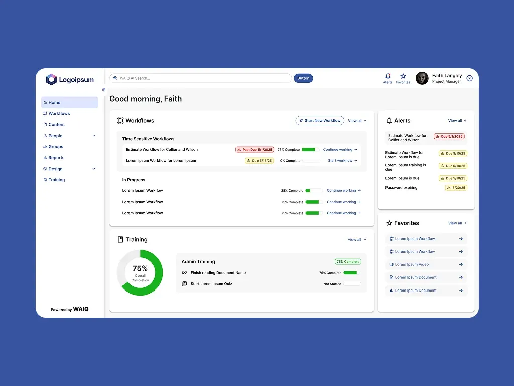 WAIQ home dashboard with workflows, alerts and training progress