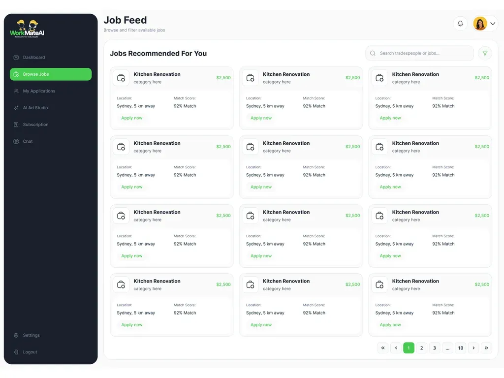 WorkMateAI job feed with location and AI match score per job