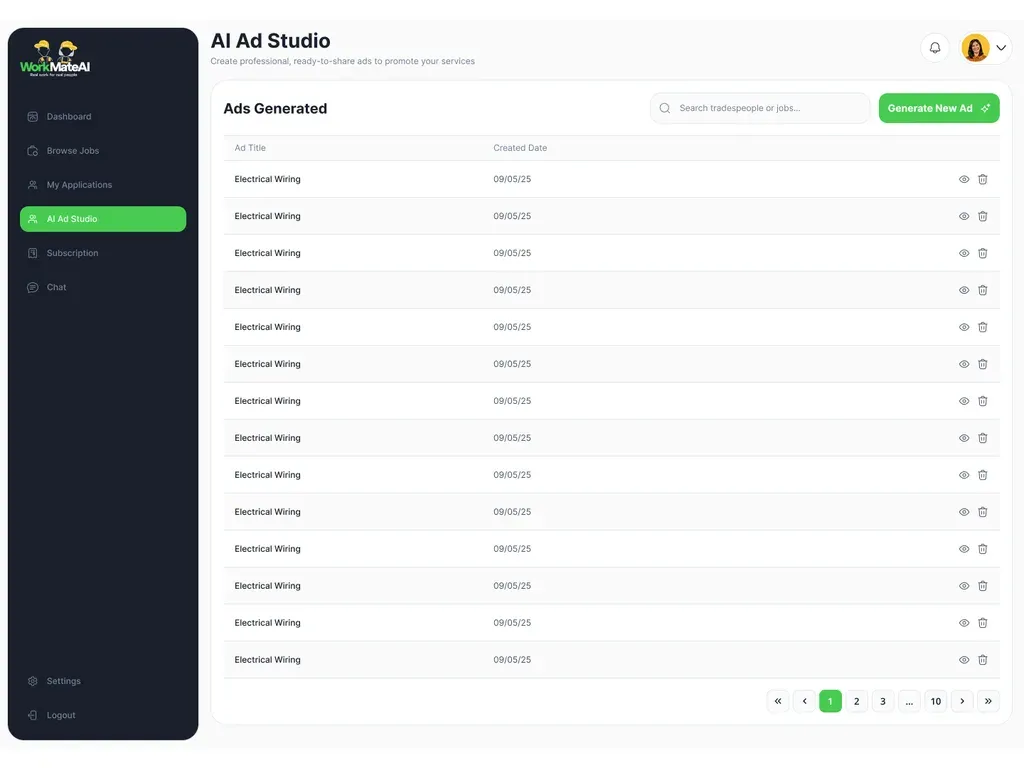 WorkMateAI AI ad studio for generating tradesperson service ads