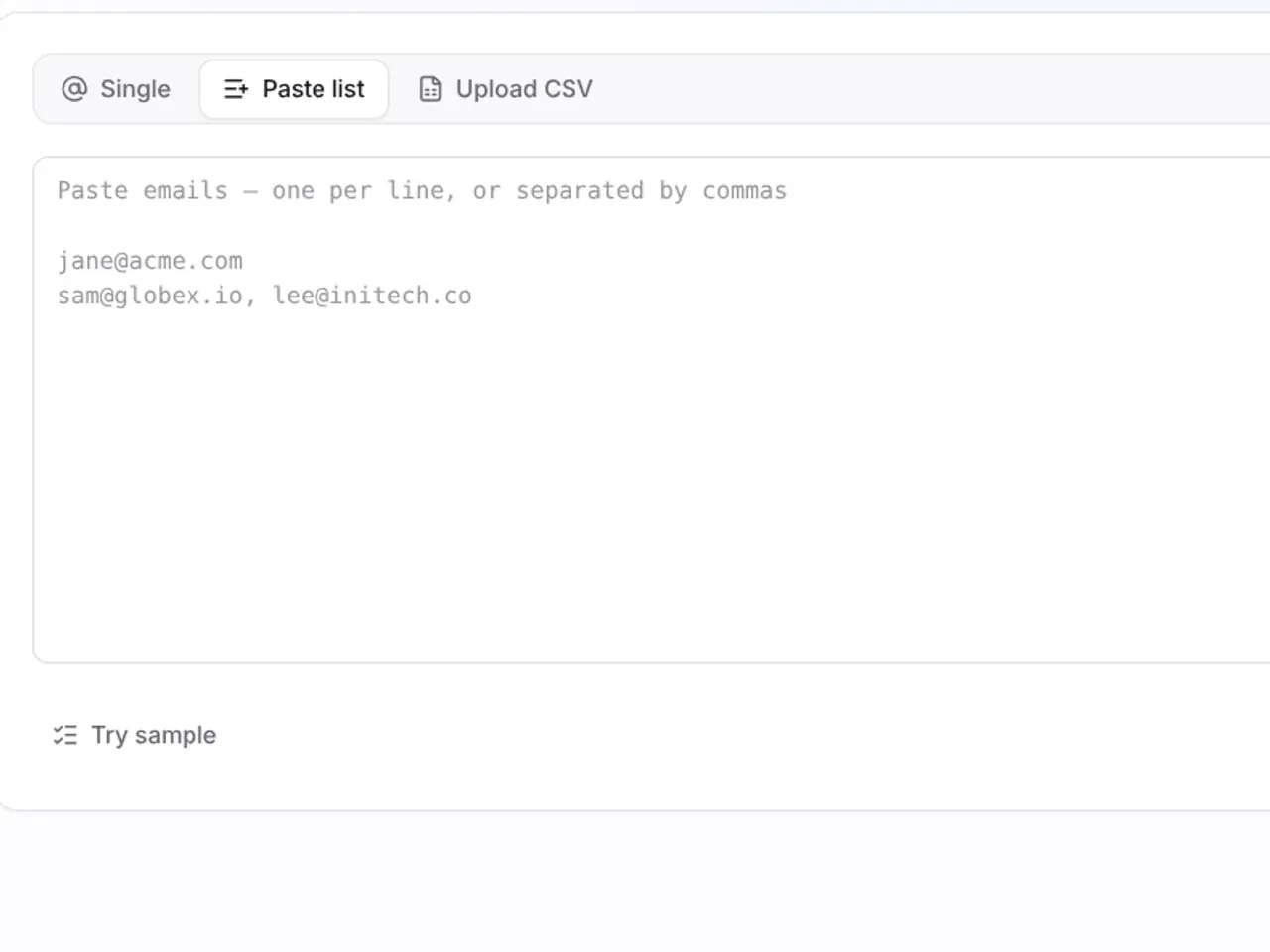 ZapBounce verify screen with Single, Paste list and Upload CSV tabs above a paste box with sample addresses.