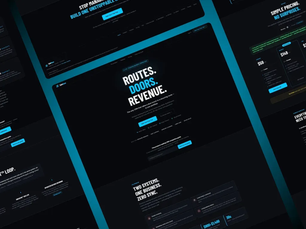 Collage of ZyloBase pages including pricing plans and the door-to-route workflow